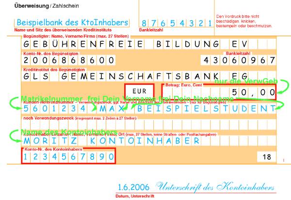 Muster eines ausgefüllten Überweisungsträgers auf das Treuhandkonto