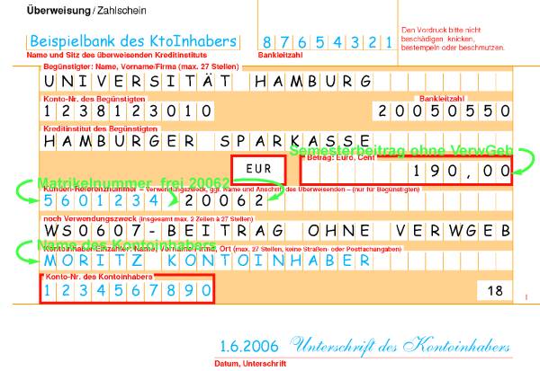 Muster eines ausgefüllten Überweisungsträgers an die Universität Hamburg